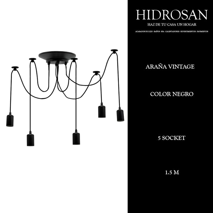 ARAÑA VINTAGE NEGRO CON 5 SOCKET 1.5M 1