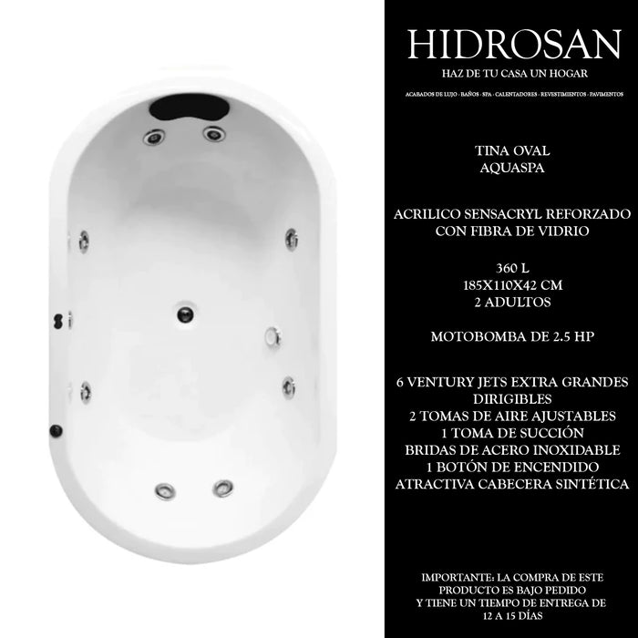 OVAL C/H 185X110X42 PZA AQUASPA