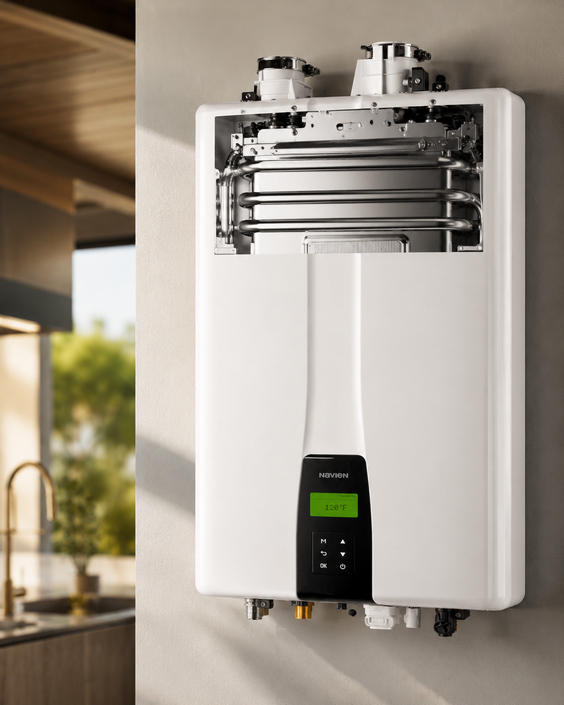 Detalle del intercambiador de acero inoxidable NaviTech del calentador Navien instalado en hogar de Toluca