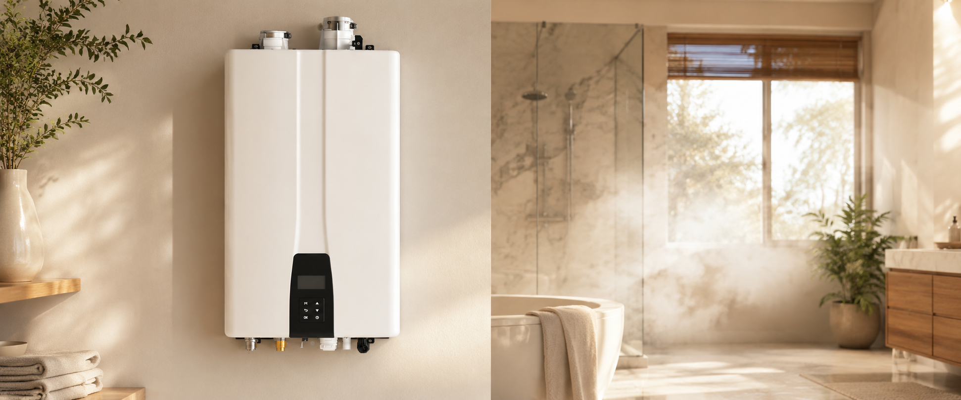 Calentador Navien instalado en baño moderno con regadera y vapor de agua caliente