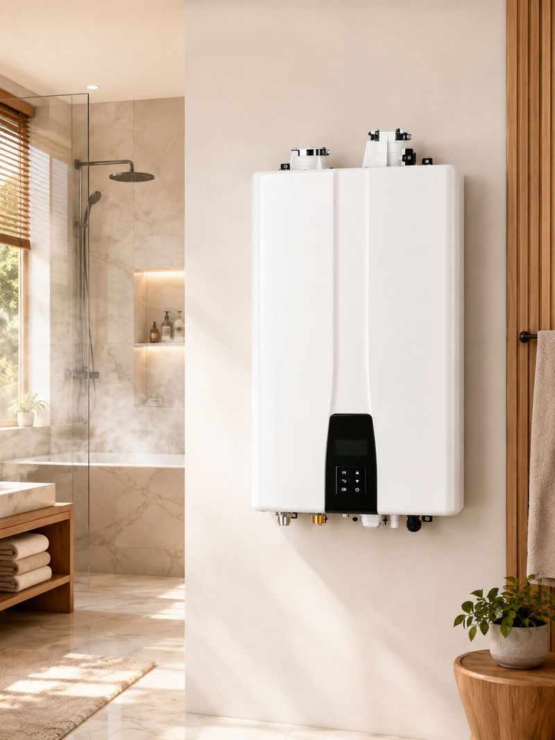 Calentador instantáneo Navien NaviTech en pared de baño residencial en Toluca