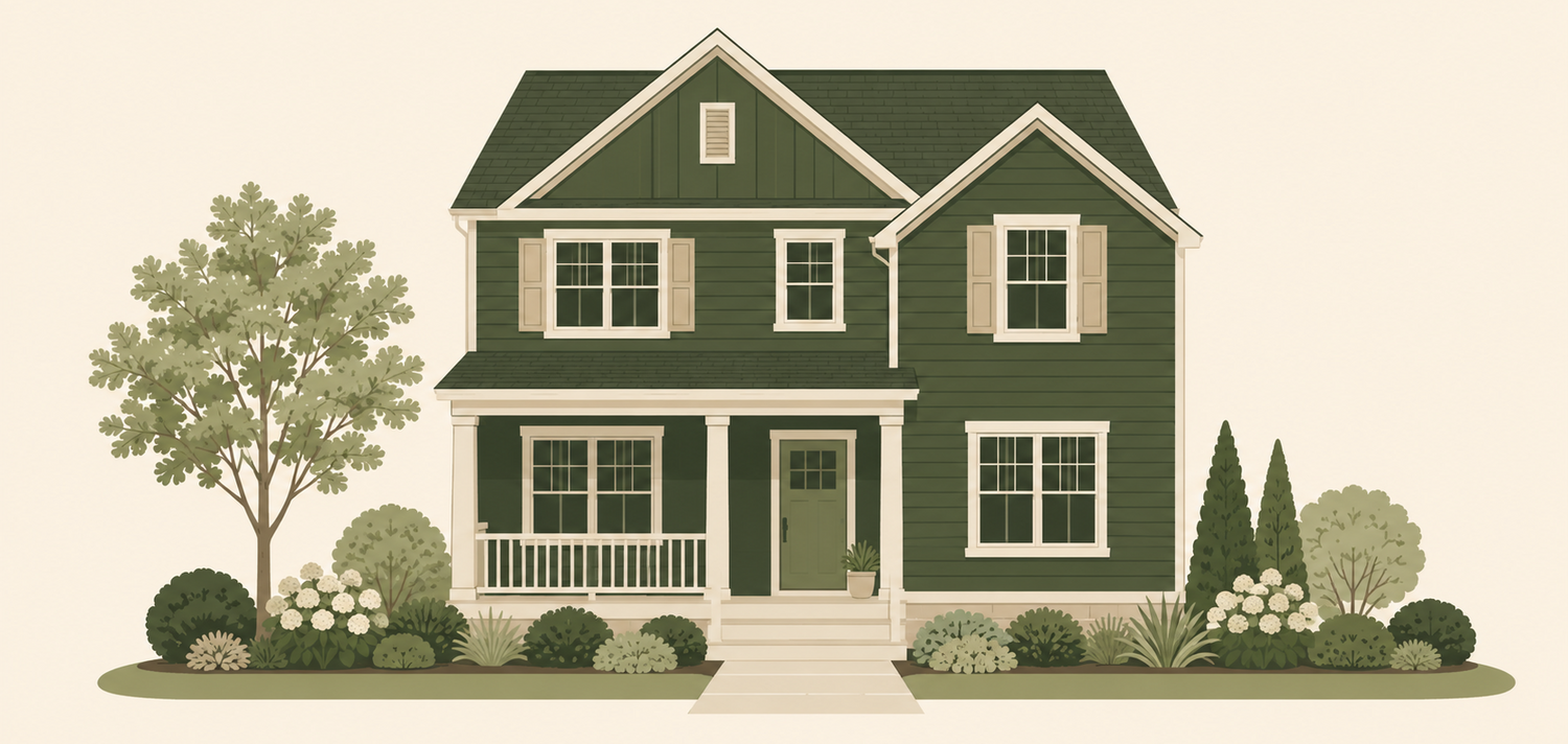 Ilustración de casa familiar mediana con jardín ideal para calentador Navien NHW500-15 instantáneo con 2 a 3 baños simultáneos