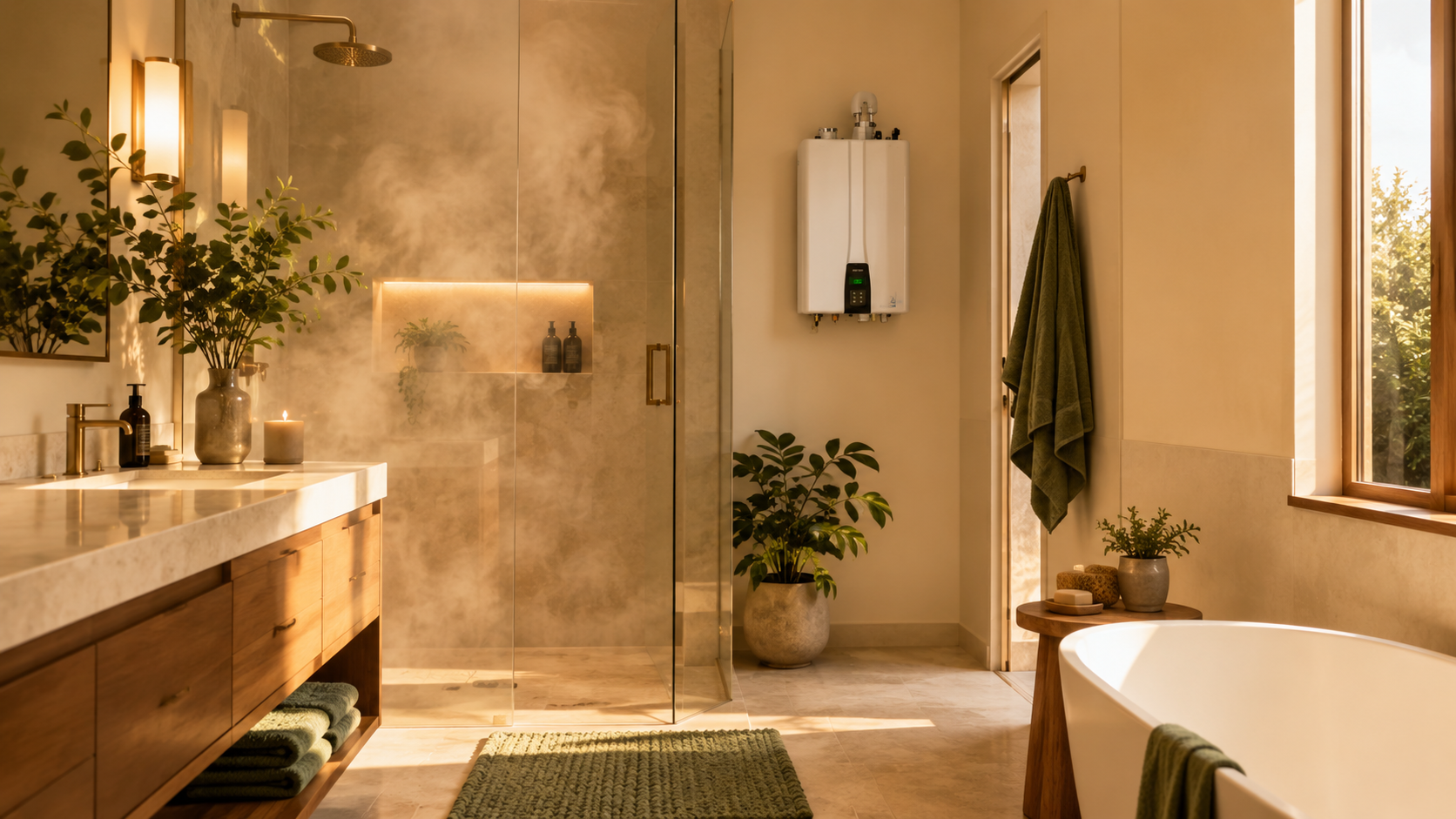 Baño moderno con calentador Navien instalado por Hidrosan en hogar de Toluca, ambiente cálido con vapor