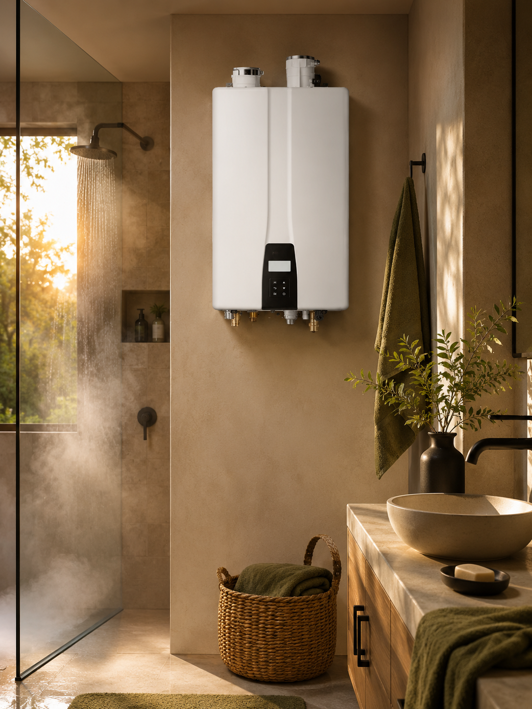 Calentador Navien NaviTech en pared de baño residencial, instalado por Hidrosan en Toluca y Metepec